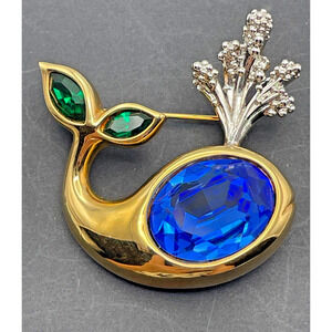 Swarovski Gold Tone Whale Pin Faceted Blue Green Crystals Swan Signed Brooch